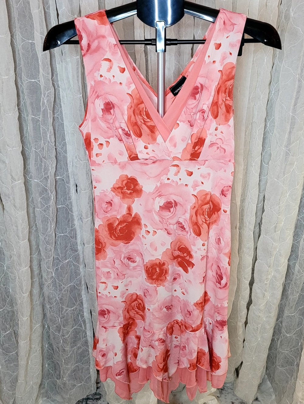 Perceptions Made In USA Y2K 90s Vintage Pink & Coral Rose Floral Midi FlowyDress